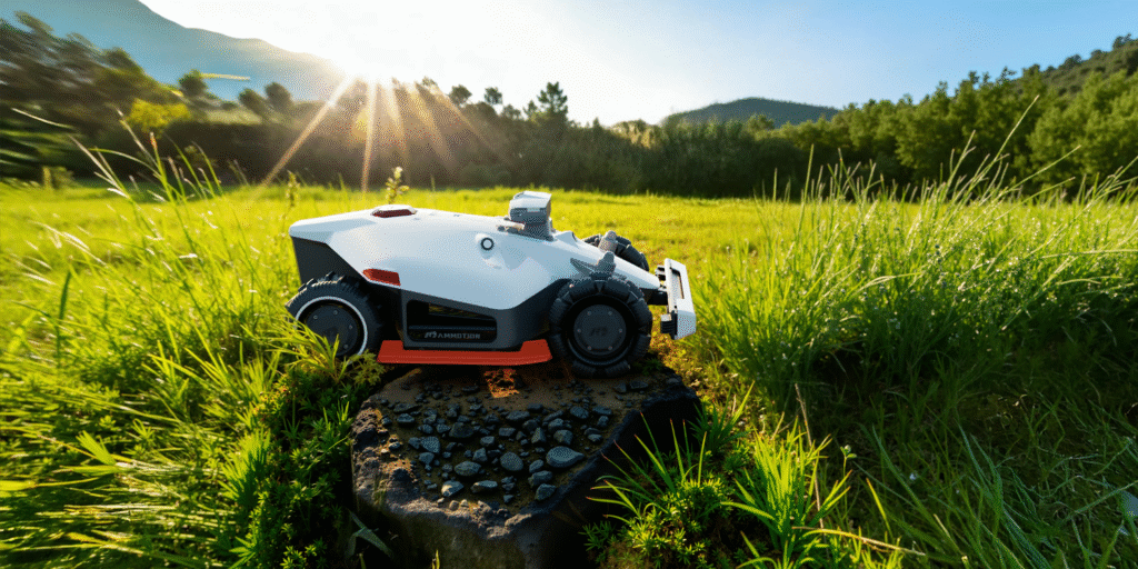 luba robot mower in tall grass