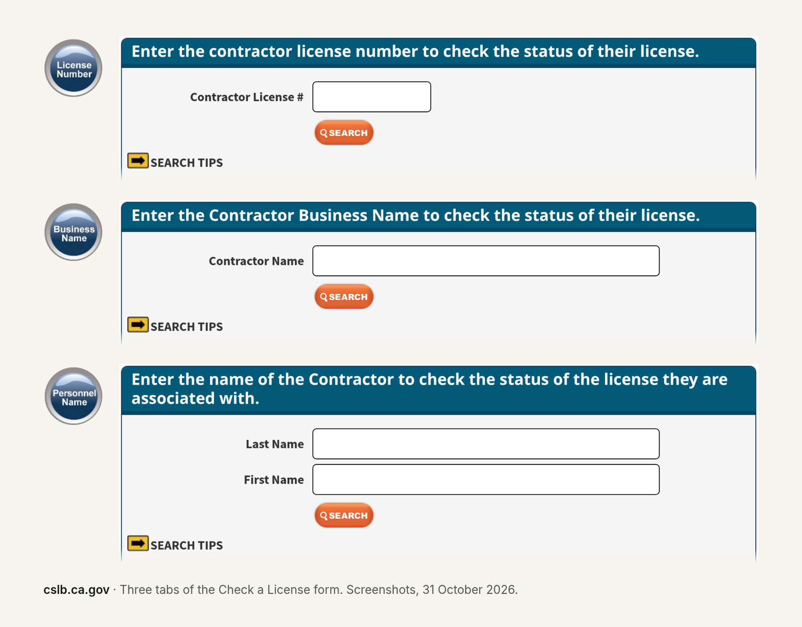 The Check a License form on CSLB's site: three empty search forms, each with its own Search button, for a contractor license number, a contractor business name, and a person's last and first name