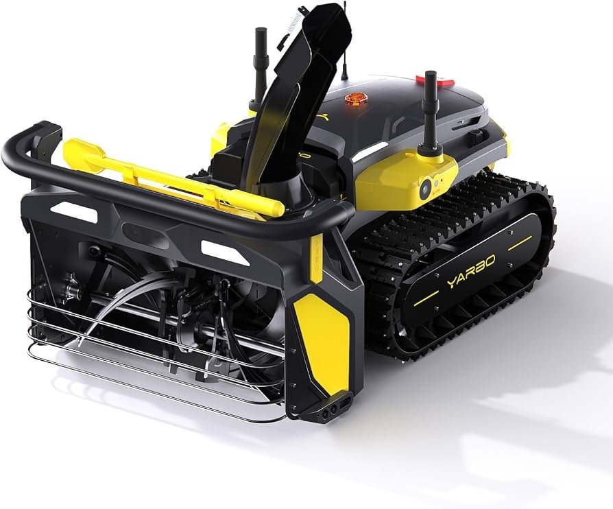 Yarbo modular yard robot with its snow blower module clearing snow